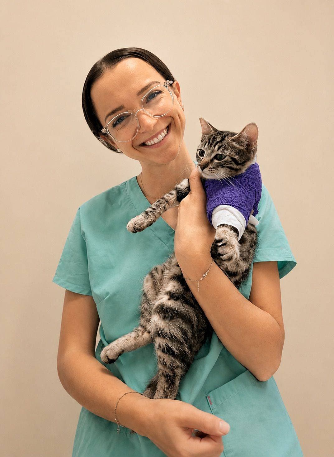 Eva, en blouse de clinique, tenant un chat tigré contre son épaule